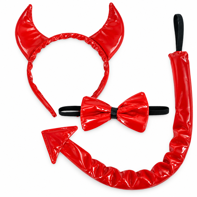 3-teiliges Teufels-Set in Rot mit Haarreif, Teufelshörnern, Schleife und Teufelsschwanz