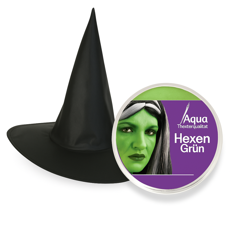 Hexenhut mit Schminkset – Halloween Kostümzubehör in Theaterqualität – Wahl zwischen Hexengrün oder Schminkset für Hexen