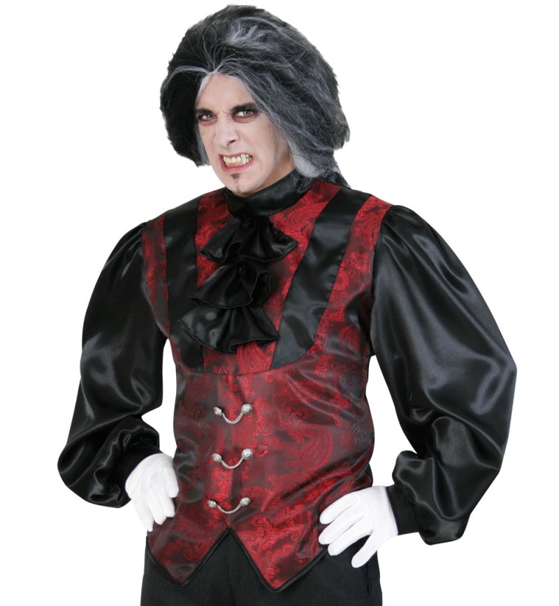 Herrenkostüm Damian mit schwarz-rotem Vampirhemd und Jabot