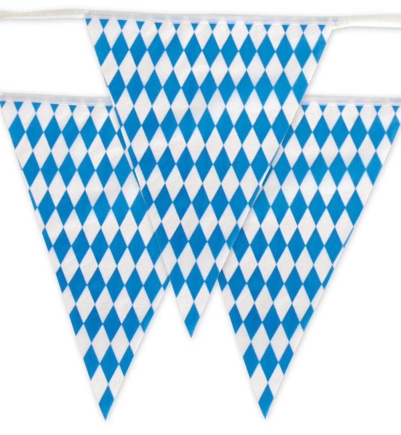 Detailansicht der blau-weißen Wimpelgirlande im Bayern-Design