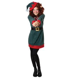 Weihnachtself Kostüm Damen 3-teiliges Set mit Kleid, Gürtel und Mütze | Lustiges Elf-Kostüm für Weihnachten und Fasching, weiches Fleece