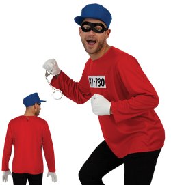 Buntes Comic Kostüm Herren – Lustige Verkleidung in Rot & Blau, Langarmshirt, Mütze & Maske – Kreatives Männerkostüm