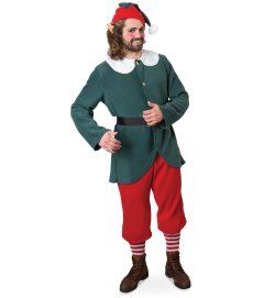 Kostüm Outfit Weihnachtself für Erwachsene - 4-teiliges Set: Oberteil Hose Mütze & Gürtel langarm Fleece