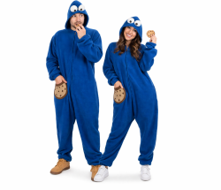 Erwachsenenkostüm Keksmonster Overall in blau mit Kapuze Onesie