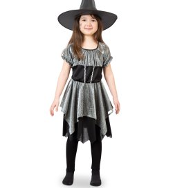Hexenkostüm Kinder Mädchen Silber Schwarz Halloween Hexe Zauberer Cosplay Rollenspiel Verkleidung