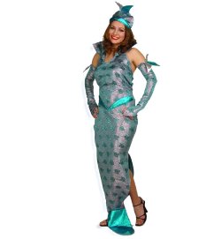 Damenkostüm Meerjungfrau Kleid mit Hut und Armstulpen Mermaid Nymphe