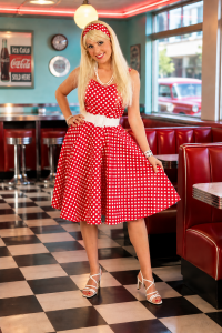 Kleid Rot Weiß Vintage Damen | Retro Kleid im 50er Jahre Stil mit klassischem Polka-Dot-Muster, weißem Gürtel und passendem Haarband
