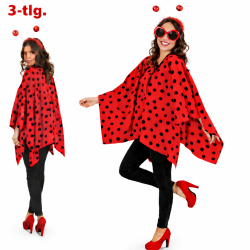 Marienkäfer Kostüm Damen – Fleece Poncho rot schwarz – inkl. Käferbrille & Wackel-Fühler Haarreif – Karneval & Fasching