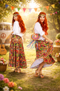 Hippie Rock Damen – Langer Blumenrock & Stirnband – 70er Jahre Flower Power Outfit