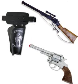 3 teiliges Accessoire Set Wilder Westen mit Gewehr, Pistole und Revolvergürtel .Verschiedene Varianten zur Auswahl