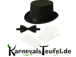Zubehör Set für Herren – Zylinderhut, weiße Handschuhe, Fliege