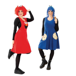 Keks Krümel oder Kuschel für Erwachsene Buntes Monster Kleid für Erwachsene - Lustige Kleider mit Haarreif in blau oder rot, knielang