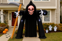 Horror Tor, XXL Aufblasbarer Sensenmann mit LED | 270x240x95 cm | Halloween Deko mit Sense & Beleuchtung | Für Innen und Außen geeignet