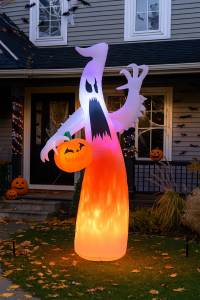 Halloweenfigur Geist mit LED & Kürbis | 245 x 102 x 65 cm | wetterfest & selbstaufbauend, Leuchtende Dekofigur mit Gebläse für Garten & Eingang