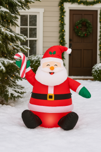 Aufblasbarer Weihnachtsmann mit LED – 122 cm – Sitzende Santa-Deko mit Zuckerstange für Garten & Haus