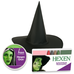 Hexenhut mit Schminkset – Halloween Kostümzubehör in Theaterqualität – Wahl zwischen Hexengrün oder Schminkset für Hexen