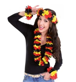 Deutschland Hawaii-Set mit Blumen-Stirnband, Blumenkette und 2 Armbändern in Schwarz-Rot-Gold