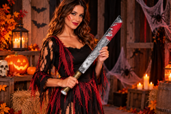 Frau im Halloweenkostüm mit blutiger Spielzeug-Machete in einer stimmungsvollen Halloween-Kulisse