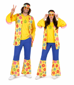 Kostüm Flower-Hippie 3-tlg. Hose Weste Stirnband blau gelb mit Blumenmotiv weite Ärmel und Beine