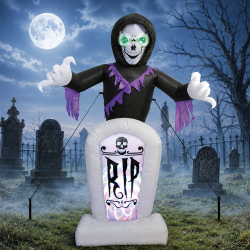 Selbstaufblasender LED Reaper mit beleuchtetem RIP-Grabstein auf einem Friedhof