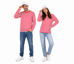 Kostüm - Set Schlafmütze, 2-TLG. Ringel-Shirt aus Baumwolle und Schlafhaube, rot/weiß, Schlafwandler, Clown | Karneval, Pyjamaparty, Mottoparty